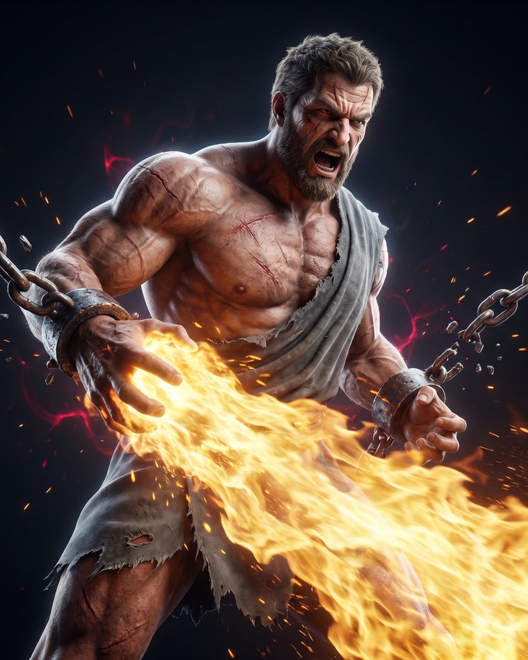 Bearded figure gripping a shaft of lightning amid falling embers.